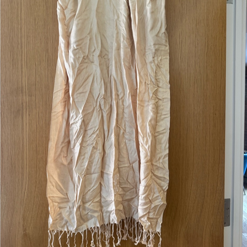 Elegant Cream Pashmina with Fringe, Embroidered with “K”